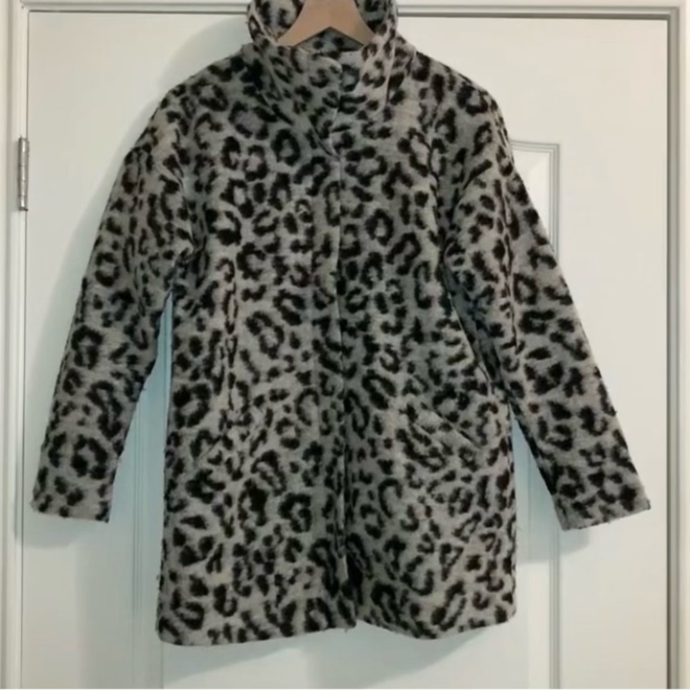 Next Grey Leopard Print Wool Coat With Funnel Neck - image 4